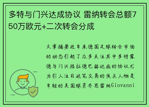 多特与门兴达成协议 雷纳转会总额750万欧元+二次转会分成