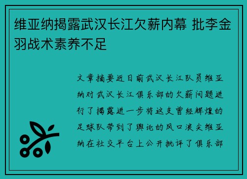 维亚纳揭露武汉长江欠薪内幕 批李金羽战术素养不足