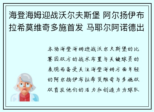 海登海姆迎战沃尔夫斯堡 阿尔扬伊布拉希莫维奇多施首发 马耶尔阿诺德出战